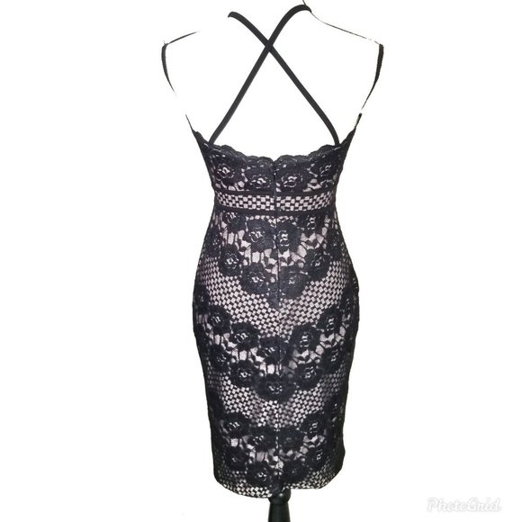 Morgan & Co Floral Black Lace Nude Bodycon Sleeveless Knee Length Dress Size 5 - Picture 2 of 7